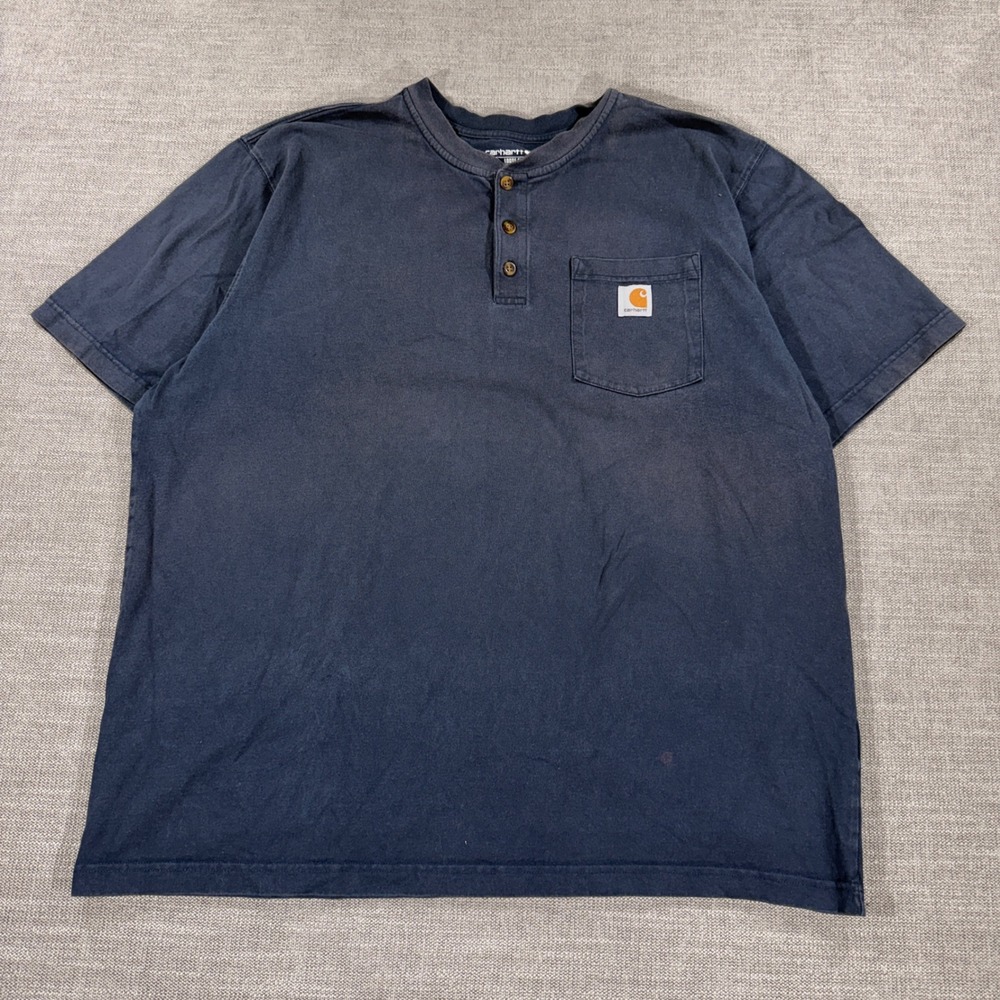 Carhartt Henley T-Shirt Mens XL Navy Blue Good Loose‎ Fit Pocket Short Sleeve